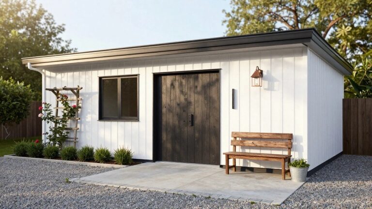 A white detached garage with vertical siding, dark wood double doors, two wall lanterns, a wooden bench, and gravel landscaping in front.