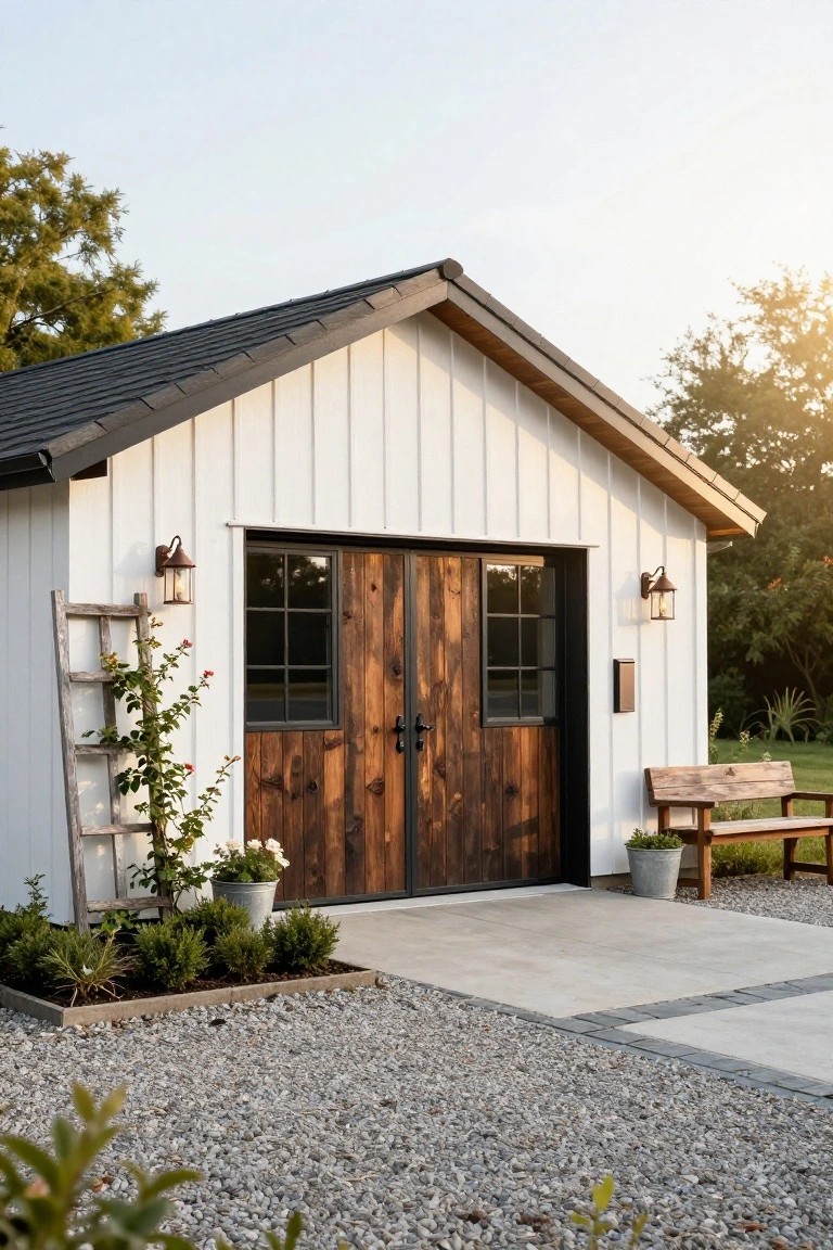 A white detached garage with vertical siding, dark wood double doors, two wall lanterns, a wooden bench, and gravel landscaping in front.