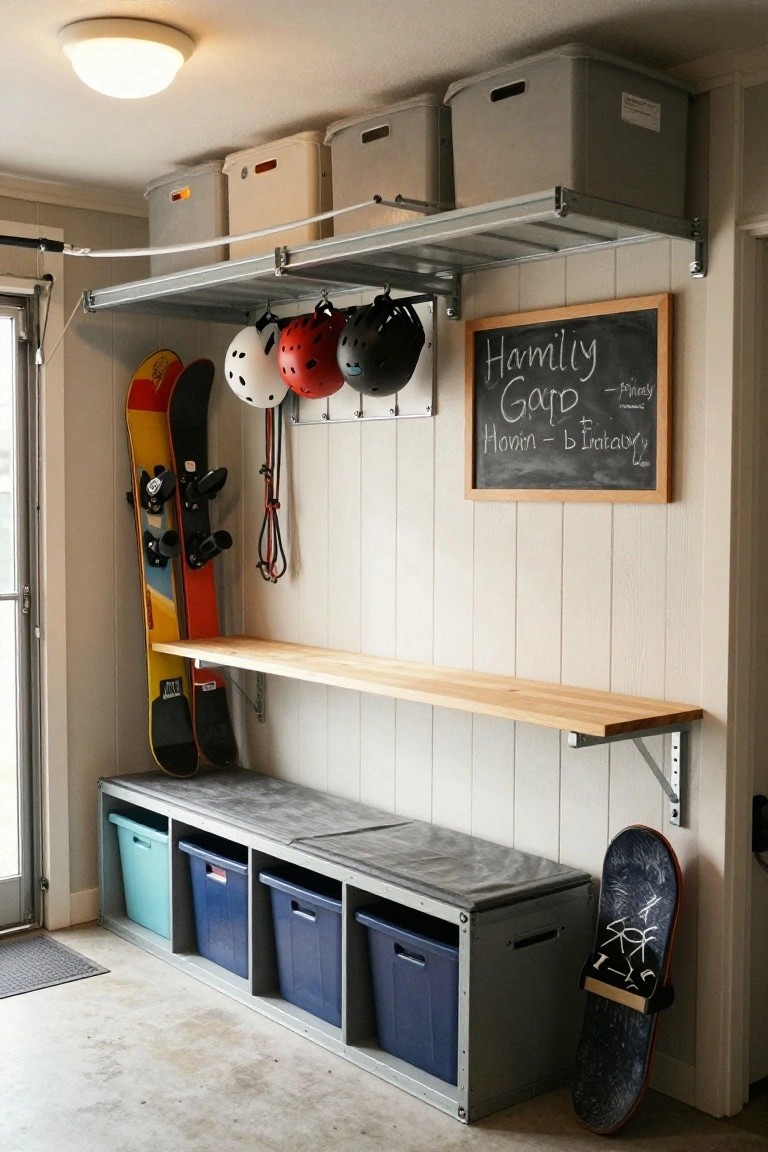 A garage wall with a metal overhead rack holding gray storage bins, hooks for helmets, snowboards leaning against the wall, a long wooden shelf, and a low bench with blue and teal bins underneath.
