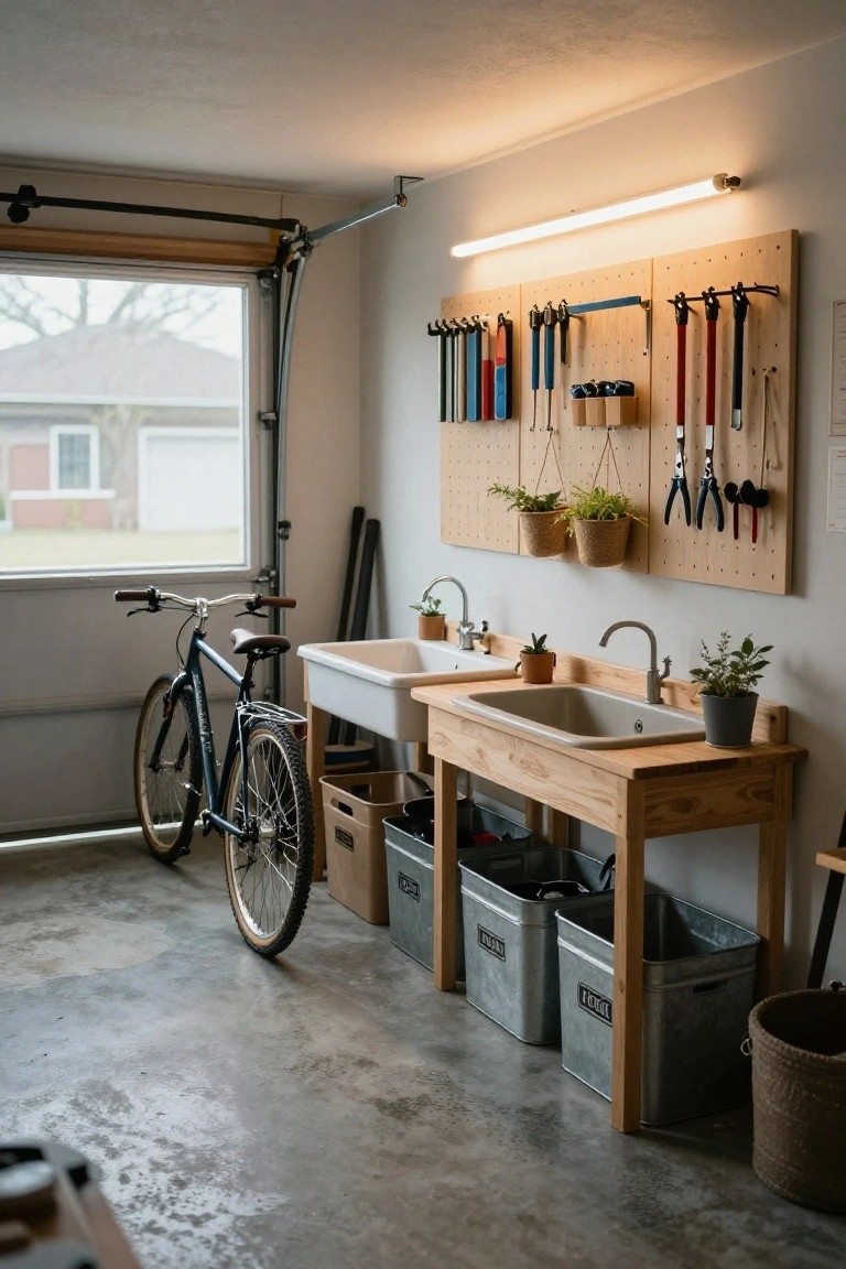 A garage interior showing a wooden workbench with two sinks, metal storage bins below, pegboards mounted on the wall holding hand tools, and a bicycle parked to the left.