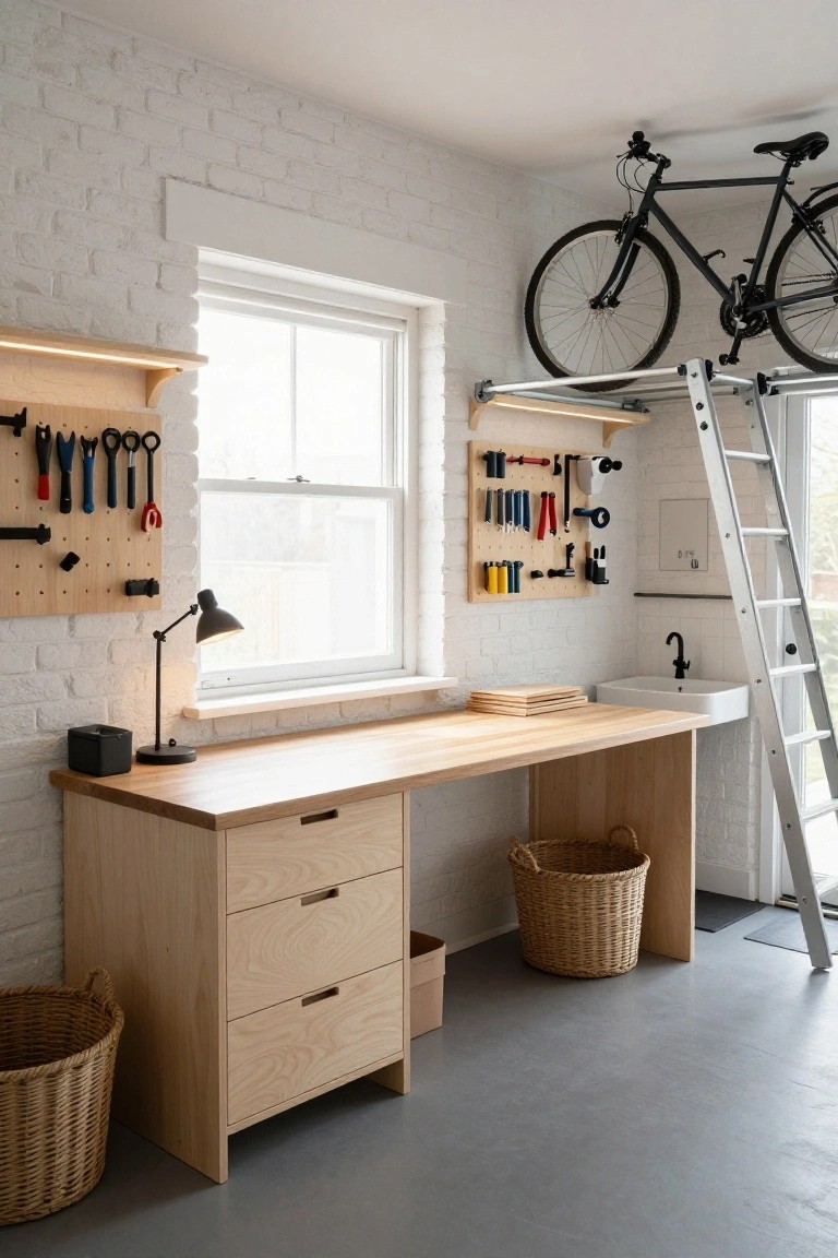 A garage workspace with a long wooden workbench, white brick walls, and wooden pegboards holding tools on either side of a window, plus a bicycle stored on an overhead rack.