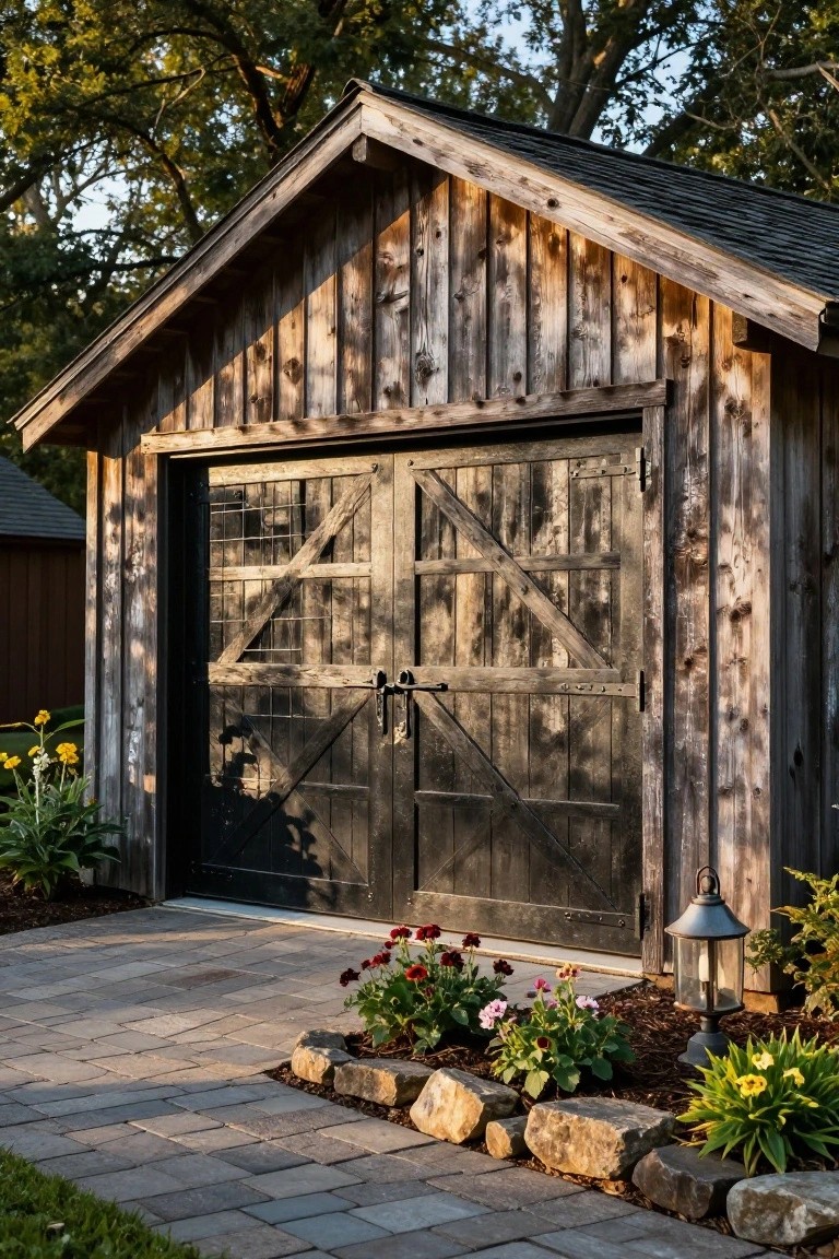 A wooden detached garage with double barn-style doors, set on a stone path with flowers and a lantern nearby.