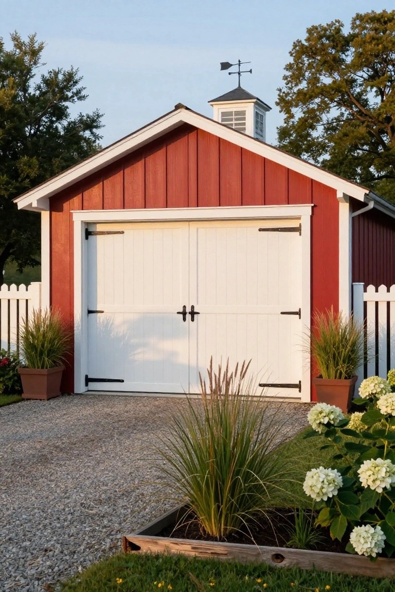 A red wooden detached garage with white trim, white double doors with black hardware, and a cupola with a weather vane above a gravel driveway.