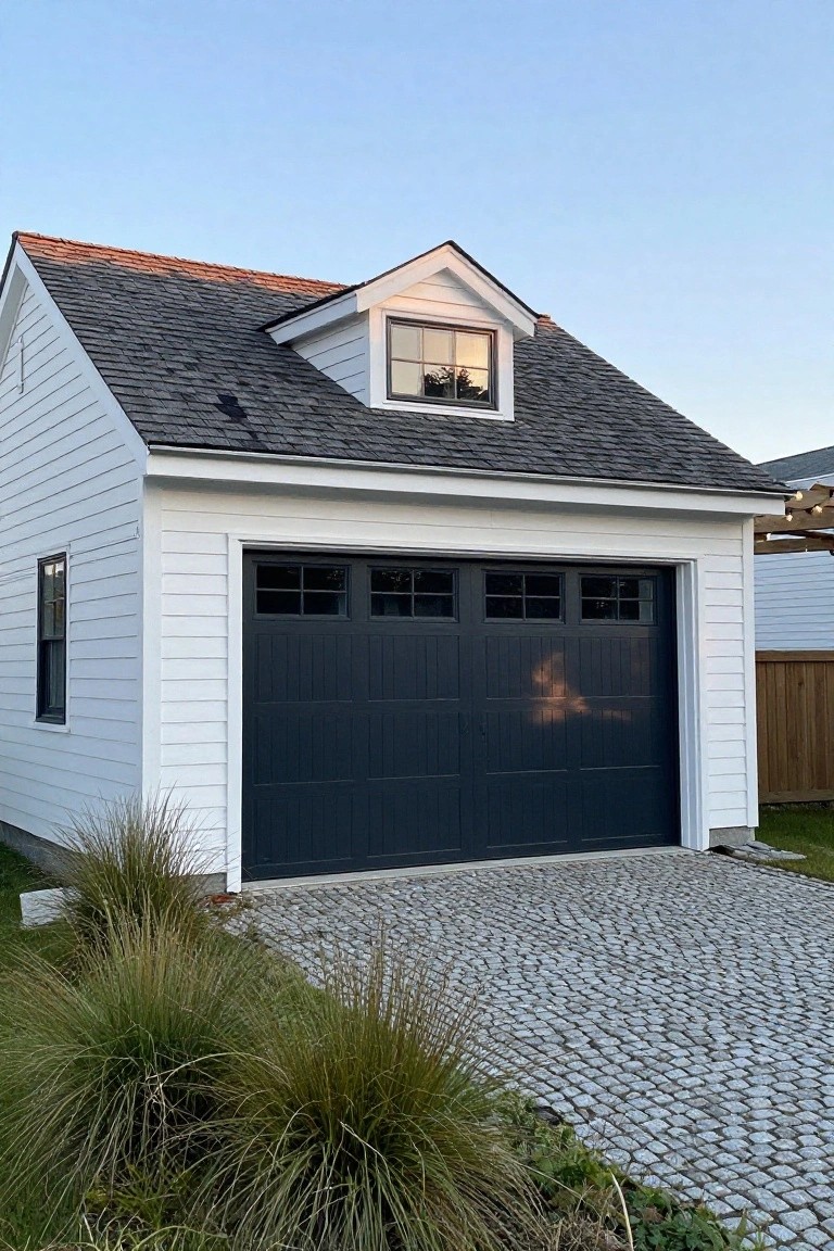 White house with dark gray garage door and cobblestone driveway
