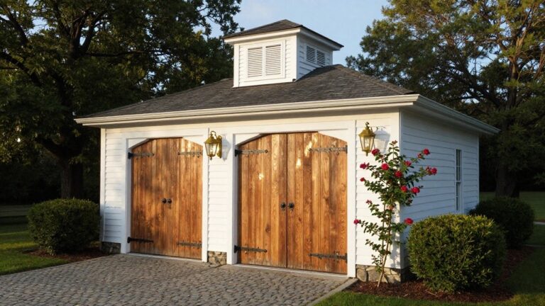 A white detached garage with wooden double doors, black hardware, and a cupola on the roof.