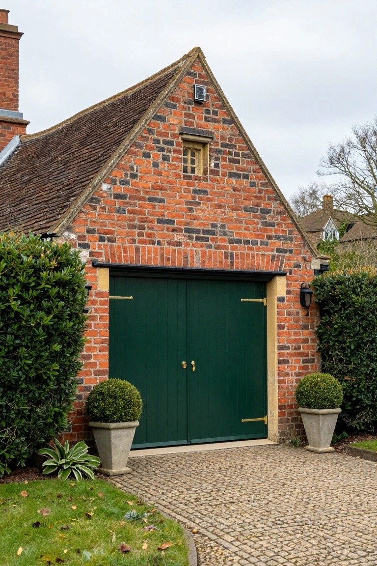 A brick garage with a steep tiled roof, green double doors, and potted shrubs on either side of a cobblestone driveway.