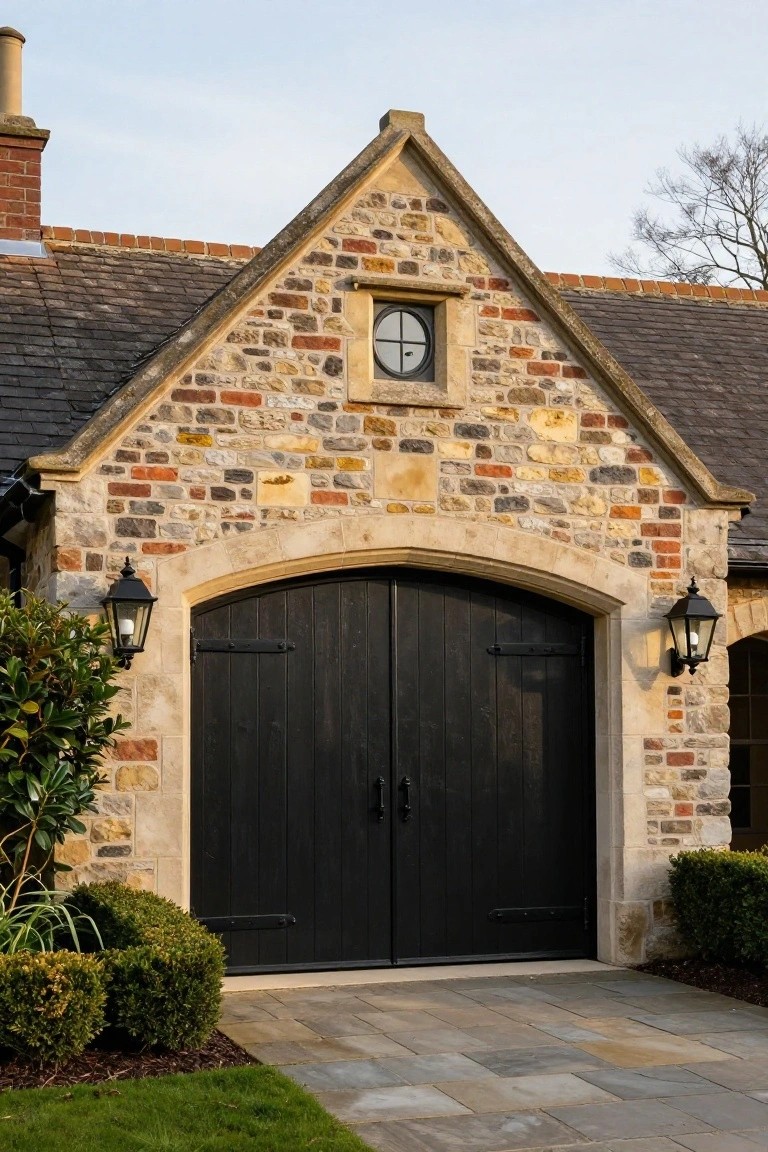 Stone house with arched black double garage doors, round window, and lanterns.