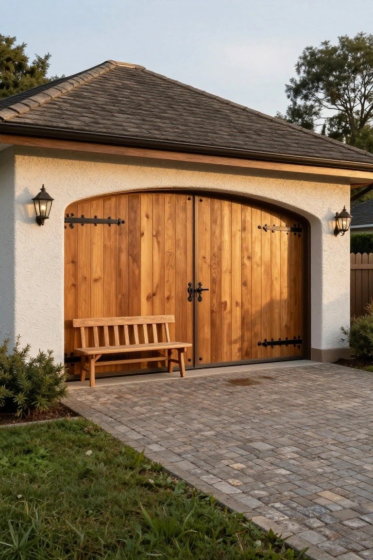 A stucco detached garage with large arched wooden double doors, black metal hardware, and a wooden bench placed in front on a paved driveway.