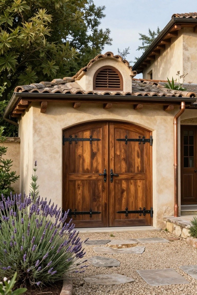 A stucco detached garage with arched wooden double doors, black metal hardware, and a tiled roof with a small vent above the doors.