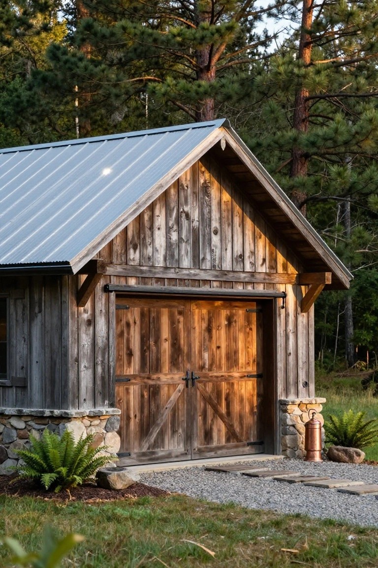 A rustic wooden garage with double doors, a stone foundation, and a metal roof, set among tall pine trees.
