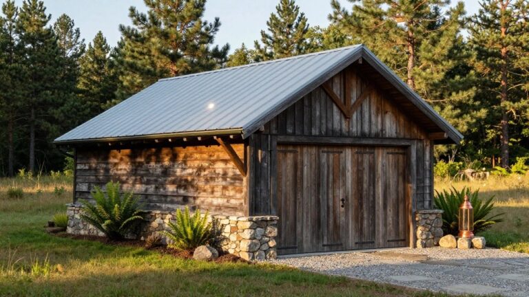 A rustic wooden garage with double doors, a stone foundation, and a metal roof, set among tall pine trees.