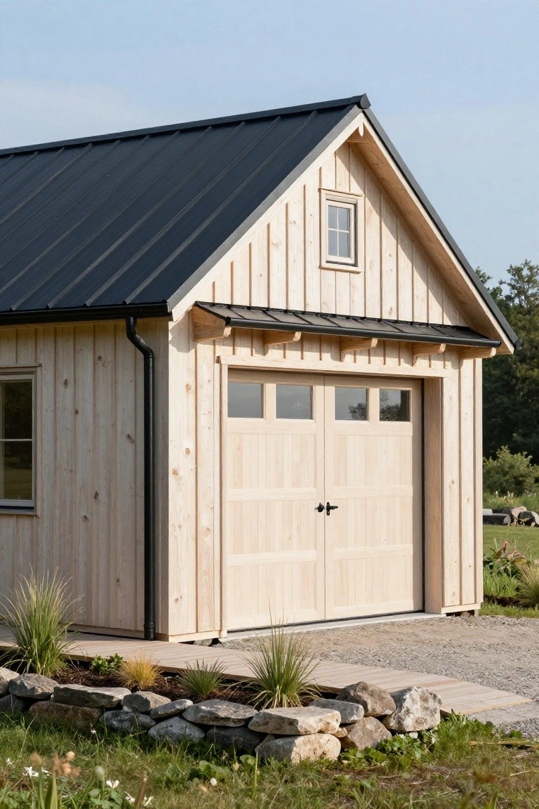 A light-colored wood garage with a black metal roof, double doors, and a small upper window, set on a gravel area with rocks and plants in front.