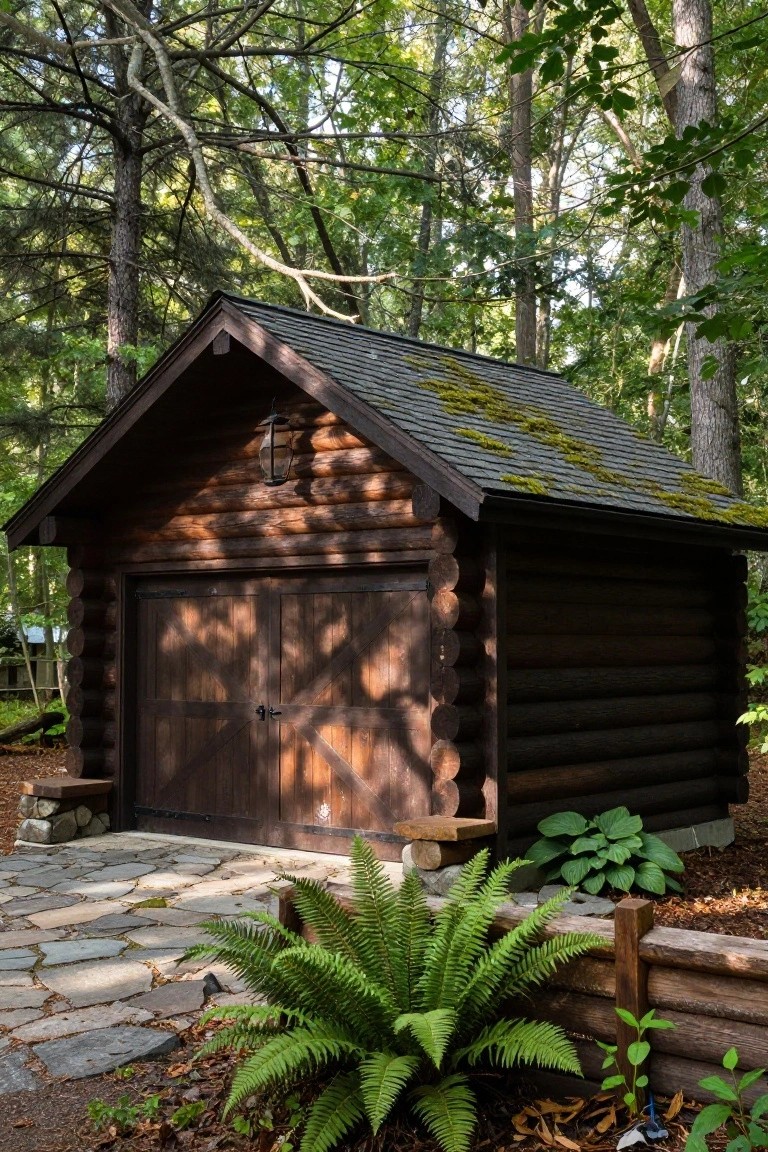 A dark log cabin style detached garage with double wooden doors and moss on the roof sits among tall trees with ferns and a stone path in the foreground.