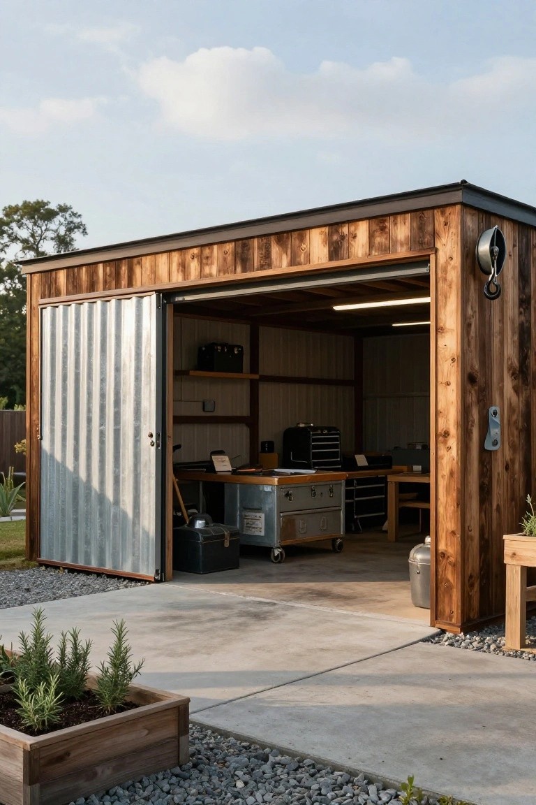 Wooden detached garage with a large corrugated metal sliding door open on the left side, showing an interior workspace with tool storage.