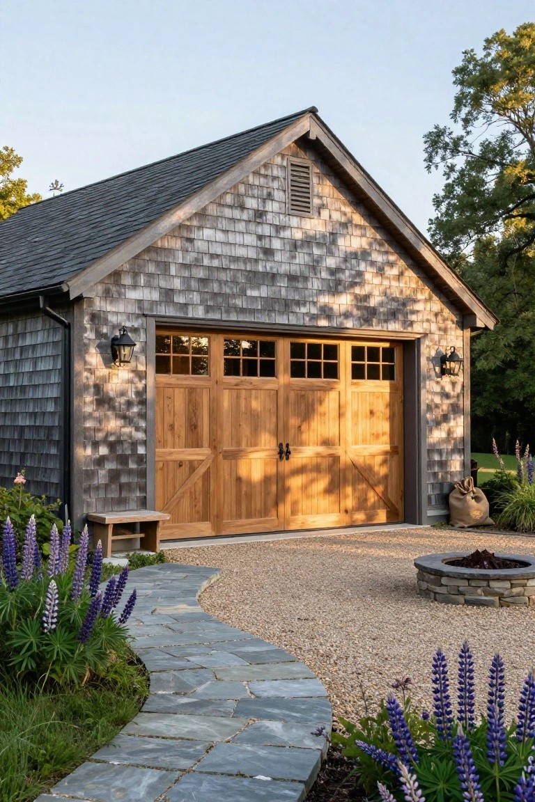 A detached garage with wooden double doors and gray shingle siding next to a gravel driveway, stone path, and flowering plants.