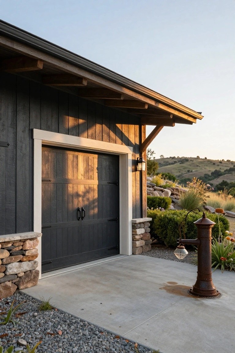 A dark wood garage with white trim and stone accents at the base sits beside a concrete driveway in a hilly landscape.