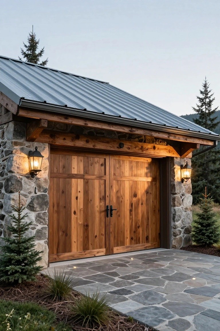 A rustic detached garage featuring stone walls, wooden double doors, a corrugated metal roof, and wall-mounted lanterns beside a stone-paved driveway.