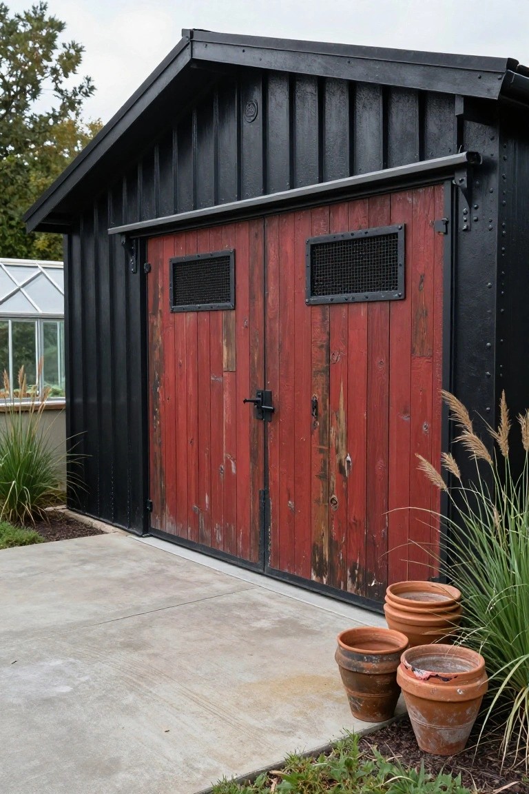 A detached garage with black vertical siding and red wooden double doors with small metal-framed windows, next to stacked terracotta pots on a concrete surface.