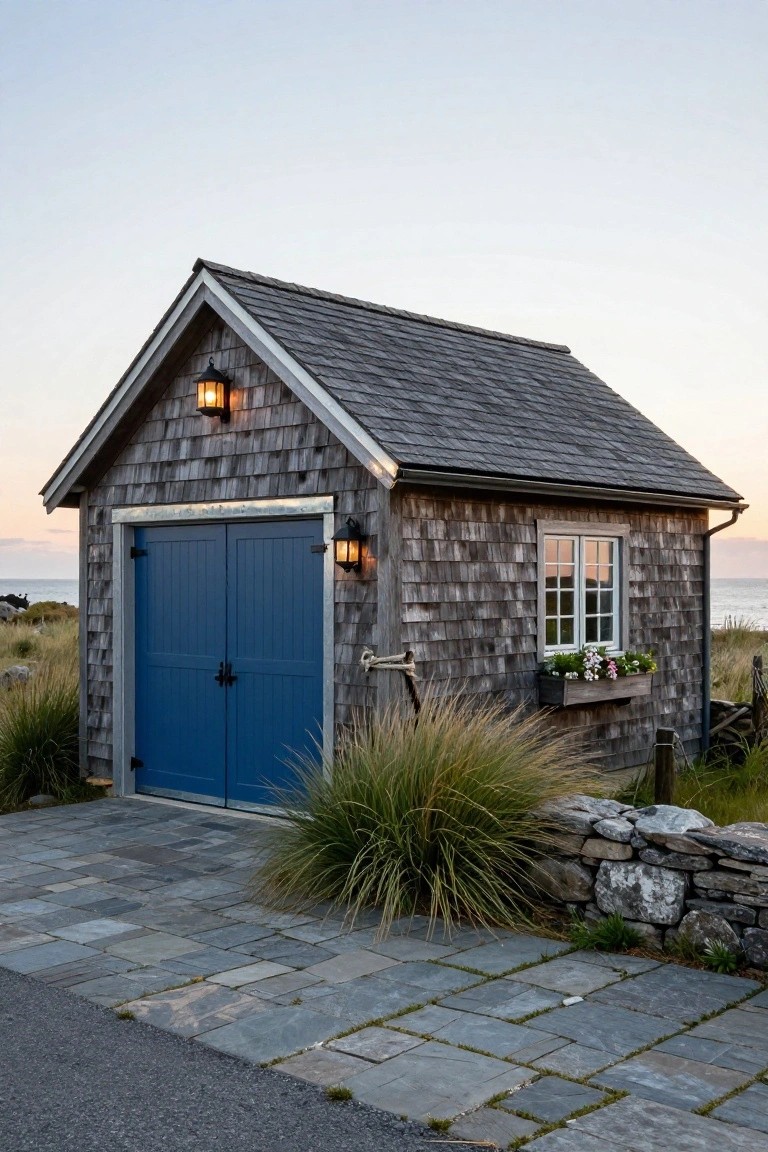 A small detached garage with weathered wood shingles, blue double doors, a single window, and a stone path in a grassy coastal setting.