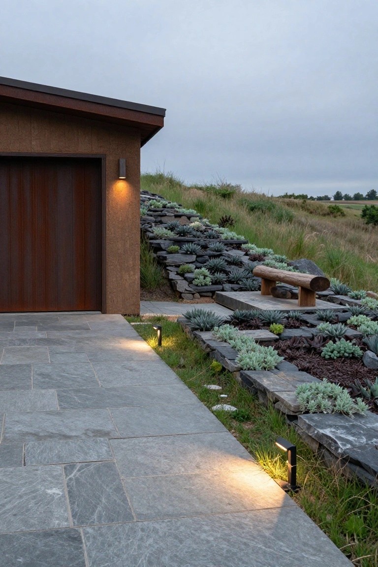 A detached garage with a dark wood door is set beside tiered stone retaining walls planted with succulents, with a stone path and path lights in the foreground.