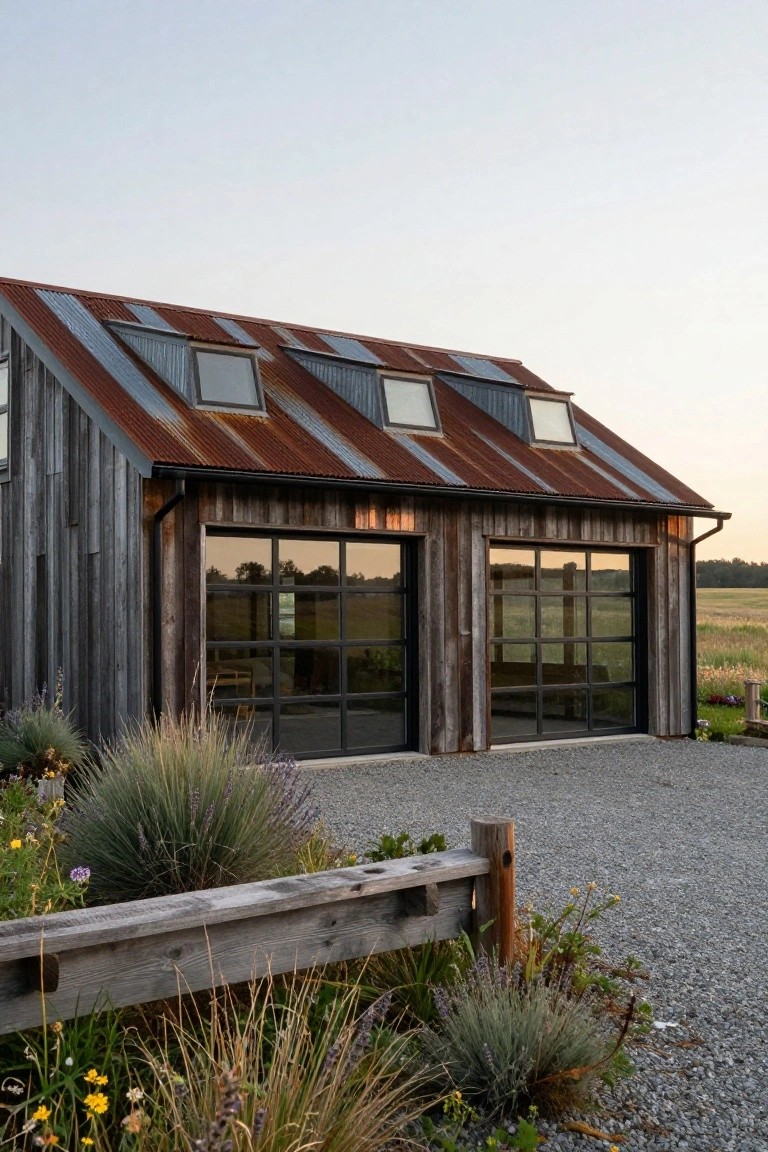 A rustic detached garage with weathered wood siding, a rusted corrugated metal roof with skylights, and large black-framed glass doors facing a gravel driveway and open field.