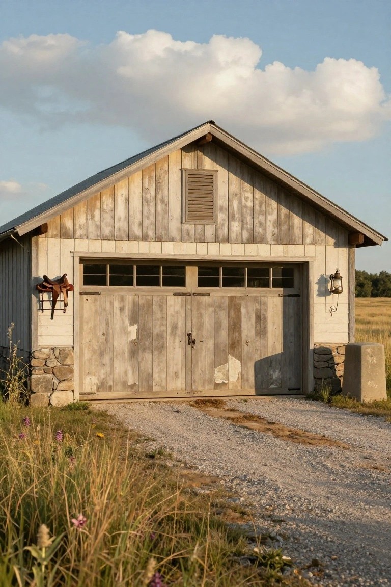 A weathered wood garage with double doors, a stone foundation, and a gable roof set beside a gravel driveway in a rural field.