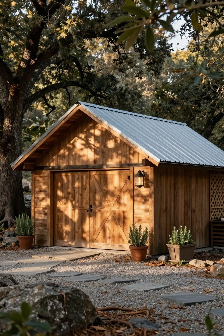 A wooden detached garage with barn doors and a metal roof sits on a gravel surface among trees, with potted plants and stone stepping stones in front.