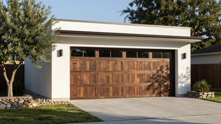 A modern detached garage with a dark wood-grain door of horizontal panels set into a light stucco exterior, flanked by two potted trees and a concrete driveway.