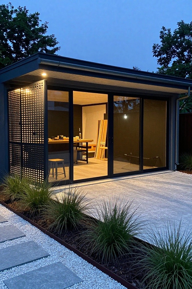 A modern detached garage at dusk with black-framed sliding glass doors, a perforated metal screen on the left side, interior lighting visible, and gravel landscaping in front.