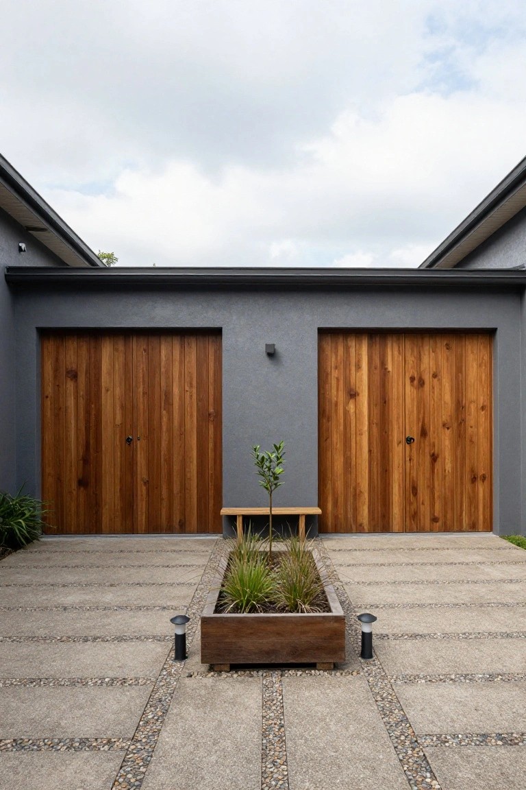 Front view of a modern detached garage with two vertical wood doors centered on a gray wall, a concrete driveway, and a long wooden planter box in the middle.
