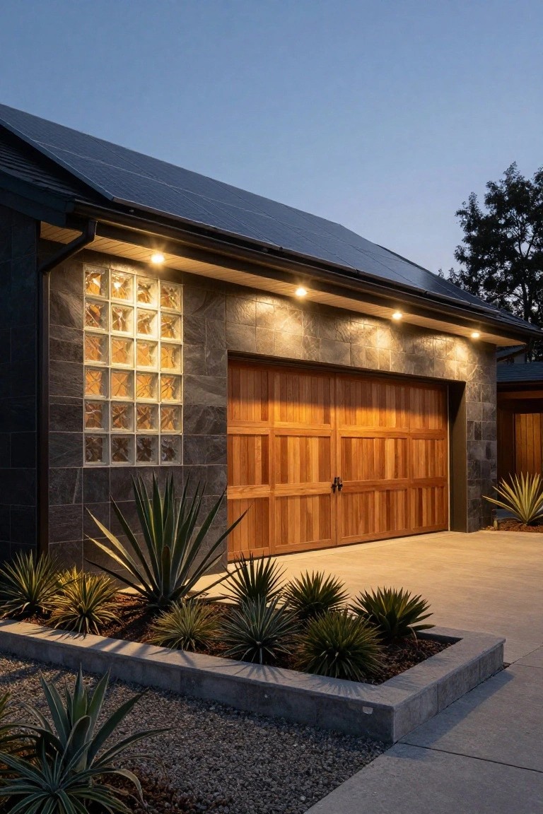 A modern detached garage with a wooden double door set into a dark stone wall, a glass block window to the left, solar panels on the roof, and agave plants in a concrete bed in front.