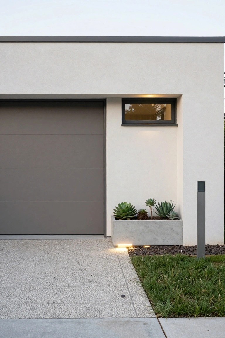 Modern home with gray garage door, white wall, succulent planter, and concrete driveway