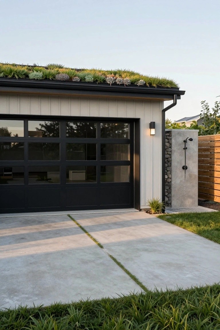 A modern detached garage with a black door, light siding, and a planted green roof next to an outdoor shower on a concrete pad.