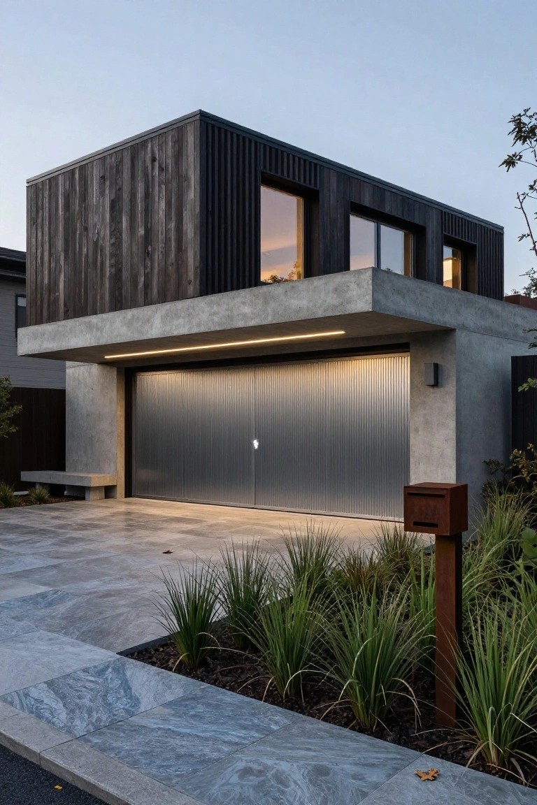Modern two-story house with dark wood siding, concrete overhang, and large ribbed metal garage door, plus stone paving and grasses in the foreground.