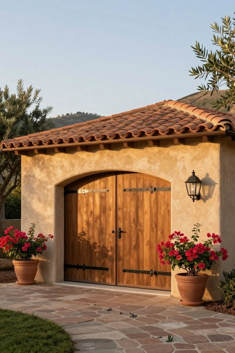 A stucco garage with terracotta tile roof, wooden double doors set in an arched opening, black metal hardware, a wall lantern, and two terracotta pots with red flowers on a stone patio.