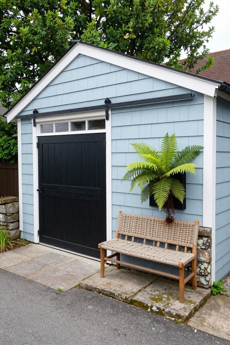 A light blue detached garage with a black door on the left side and a woven bench placed against the right side wall on stone pavers.