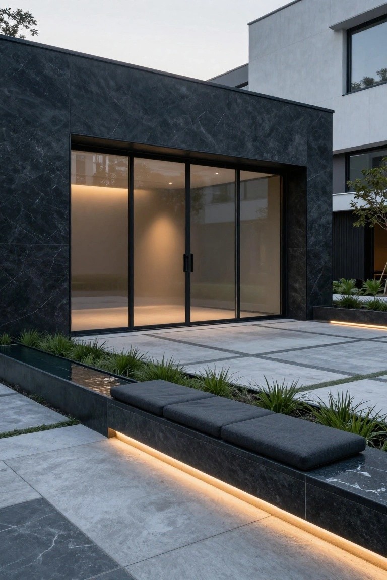 Modern house exterior with dark stone walls, large glass doors, and a long built-in bench with dark cushions set against the facade next to a paved patio.