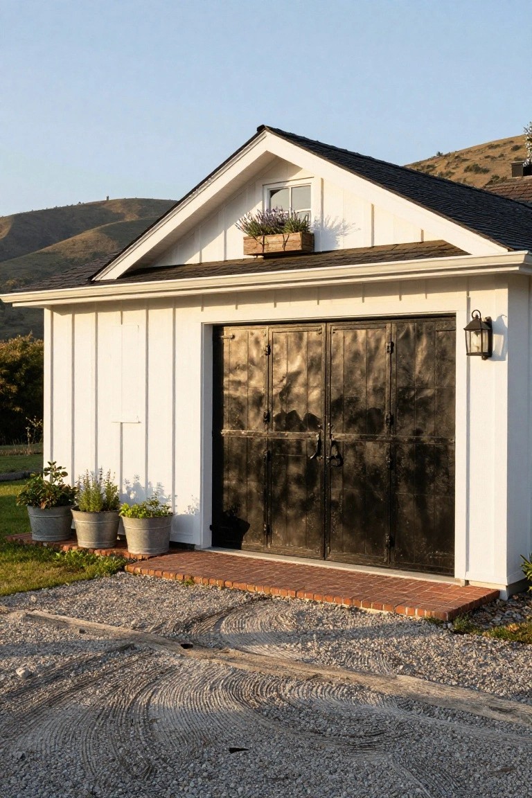 A white detached garage with dark double doors, brick apron, and gravel driveway in front of hills.