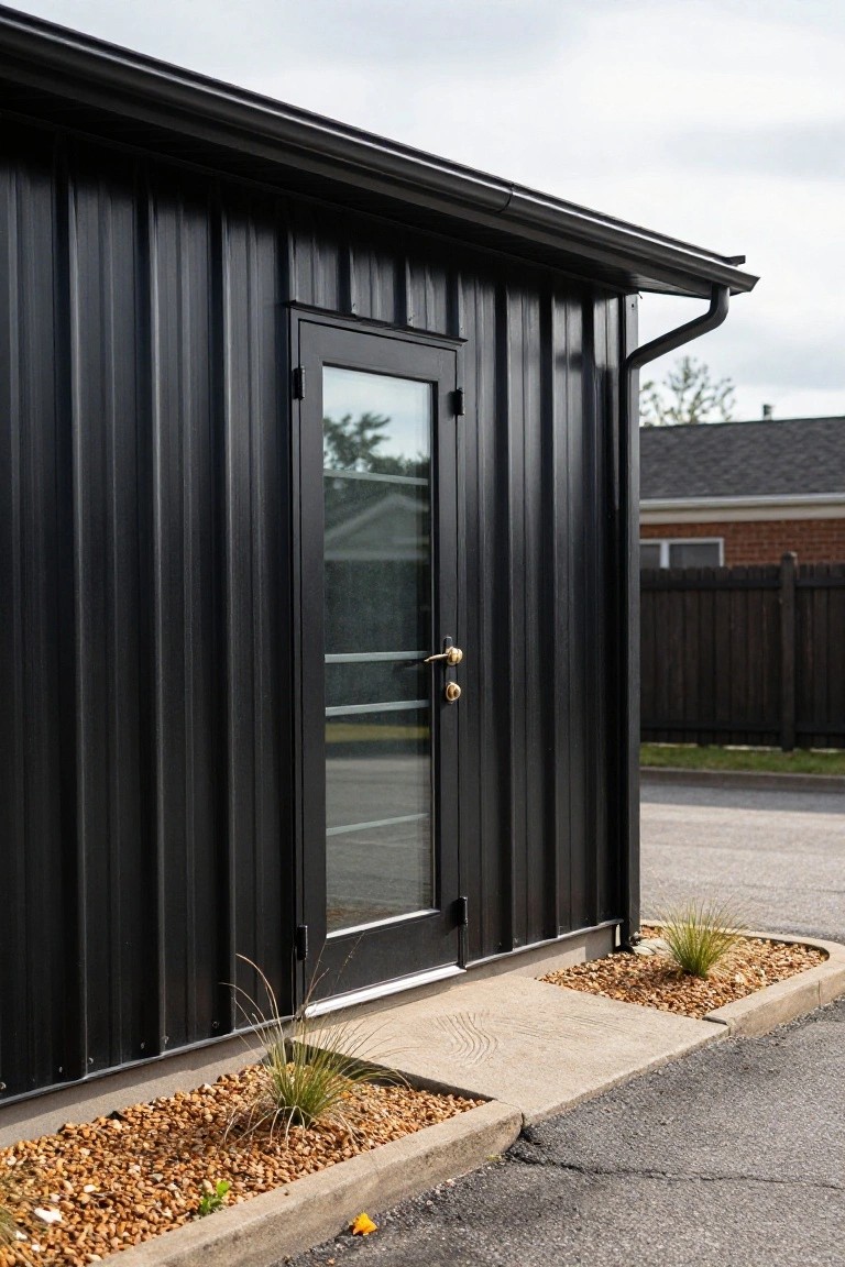 A black corrugated metal detached garage with a glass door, set beside a concrete path and gravel landscaping.