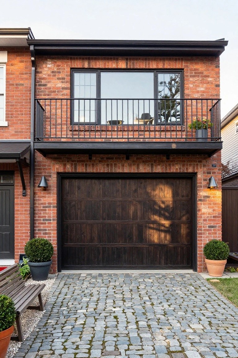 A red brick house with a large dark wood garage door centered beneath a second-floor balcony with black railing, flanked by potted plants on a cobblestone driveway.