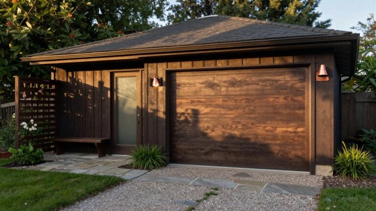 Wooden garage with bench, copper lights, gravel path, and pink roses