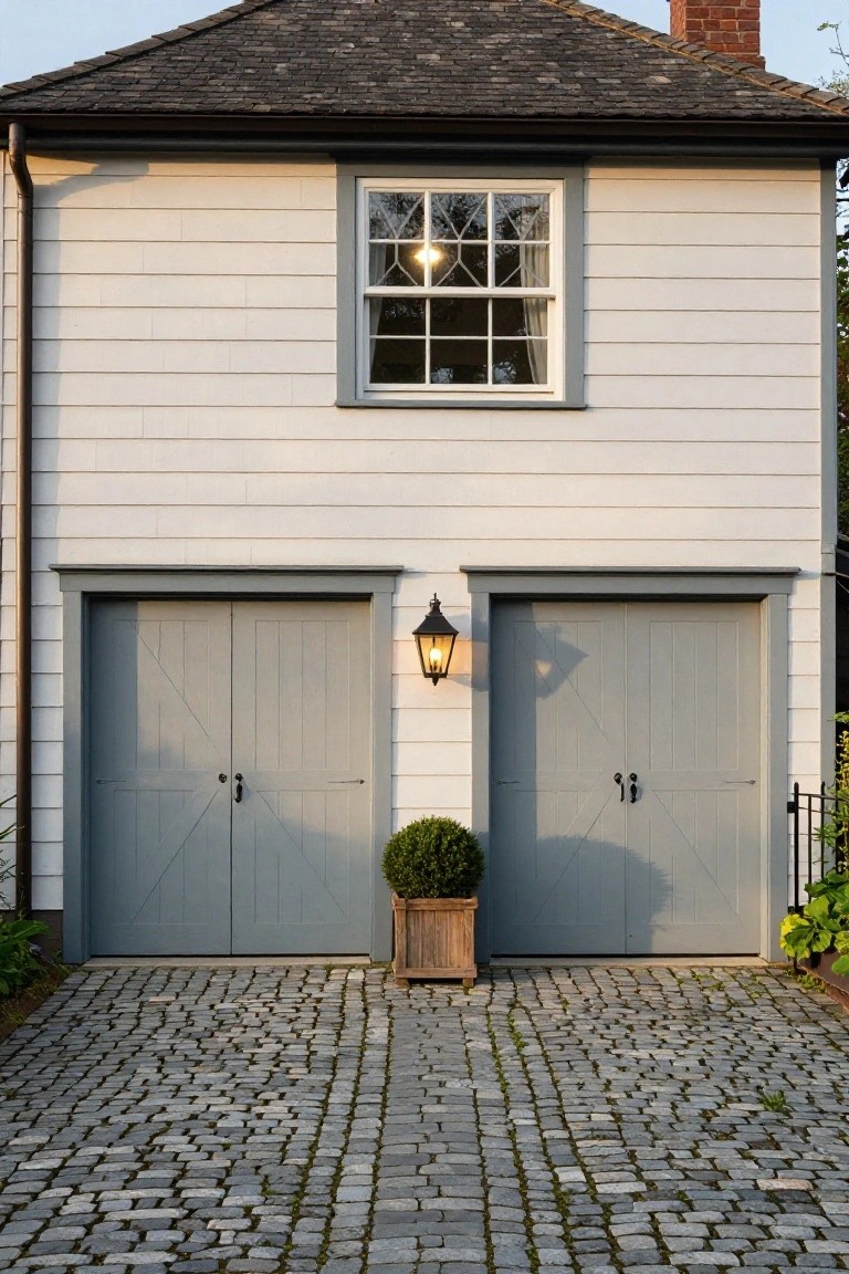 Two gray garage doors placed side by side on a white house with a centered window above and a cobblestone driveway in front.