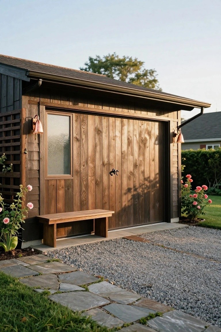 Wooden garage with bench, copper lights, gravel path, and pink roses