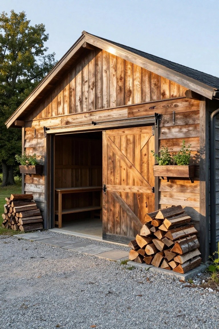 Rustic wooden barn with open door, stacked firewood, and flower boxes on gravel.