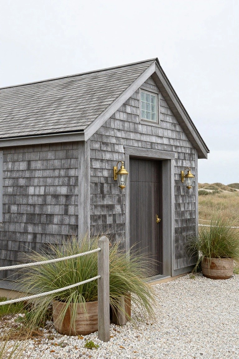 A gray shingled detached garage with a dark door, flanked by two brass lanterns, set on a gravel surface with grasses nearby.