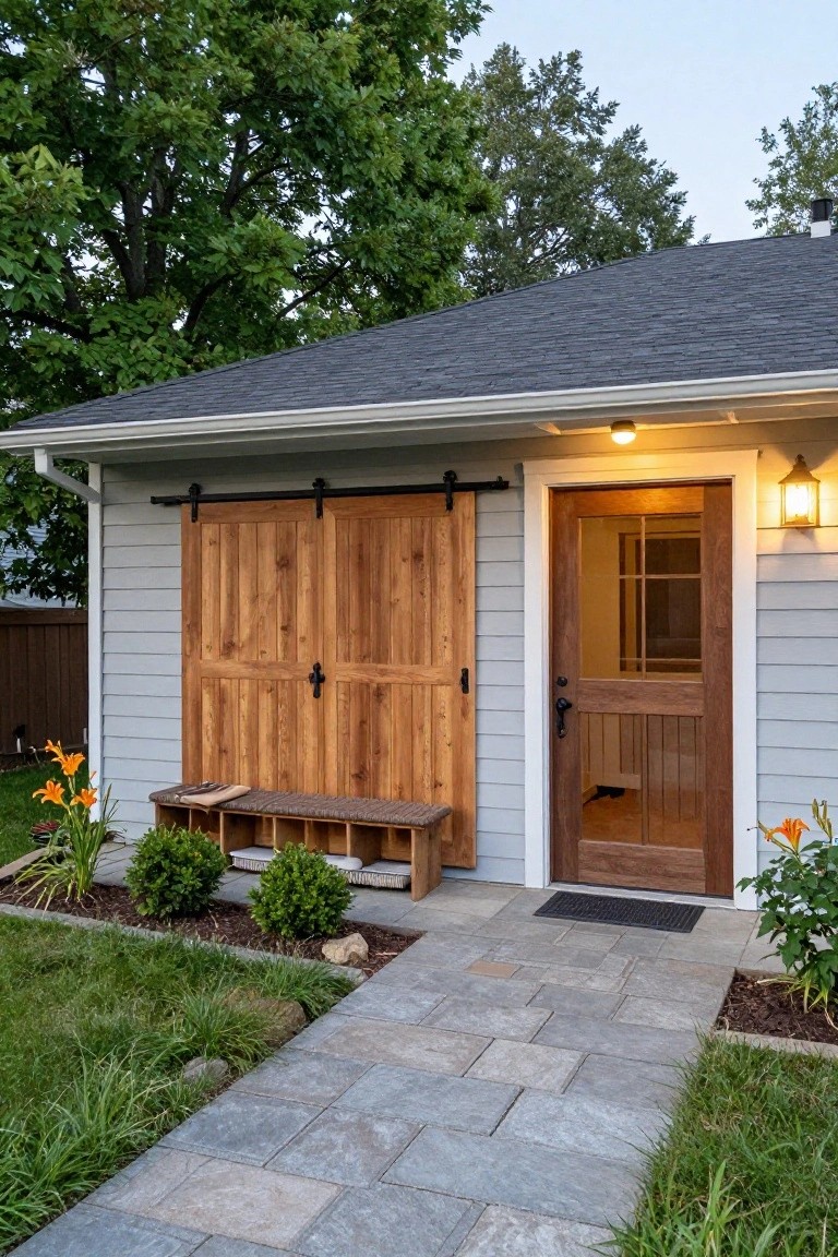 Side view of a house with wooden sliding barn doors on the garage section next to a wooden entry door and a stone pathway.