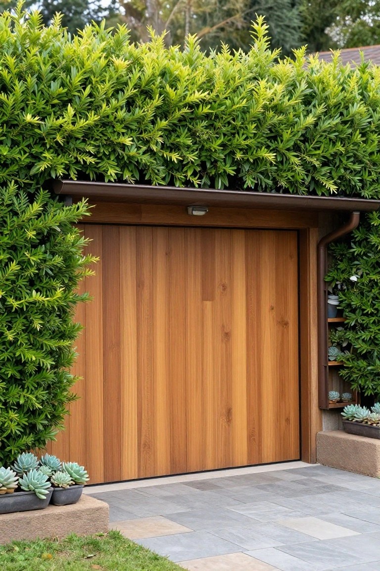 A wooden garage door set under a dense overhanging hedge with potted succulents at the base.