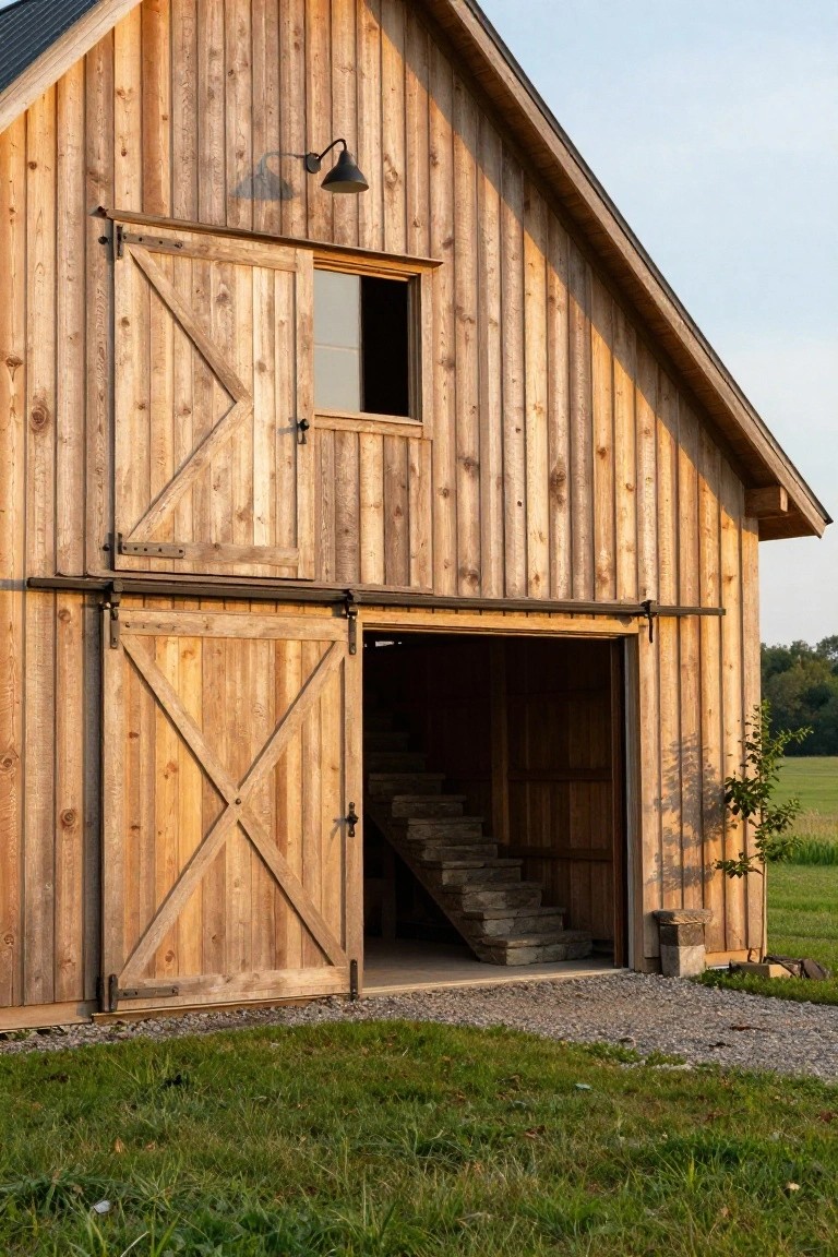 Wooden barn with open sliding doors revealing stone stairs and small window.