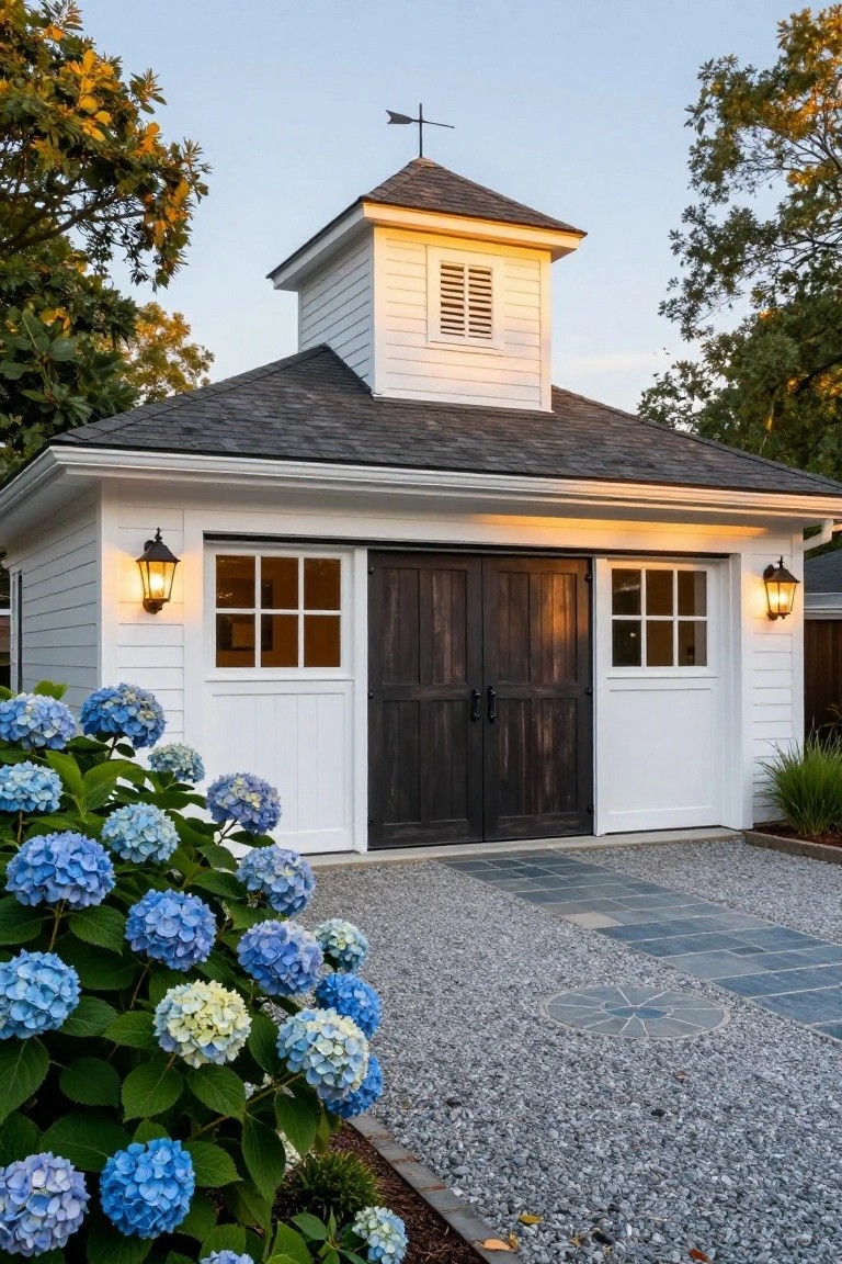 White garage with dark doors, cupola, lanterns, and blooming blue hydrangeas.