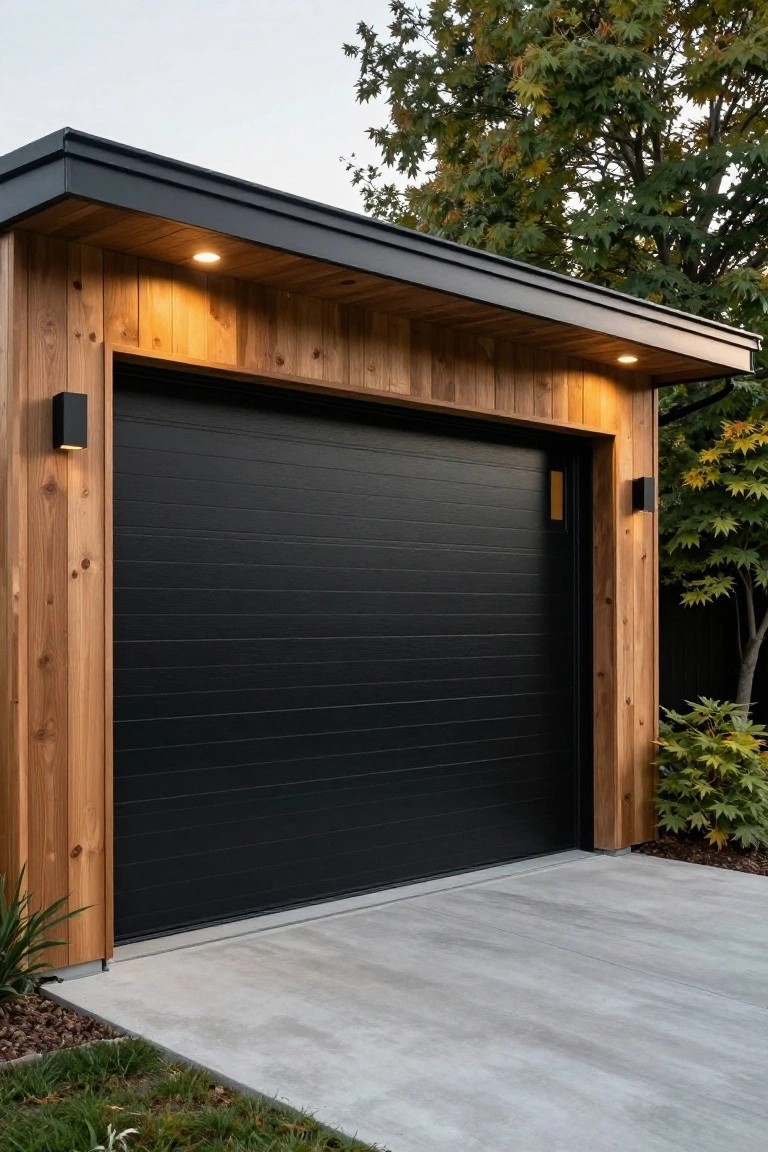 A detached garage with a black horizontal panel door framed by natural wood siding and a dark roof overhang.